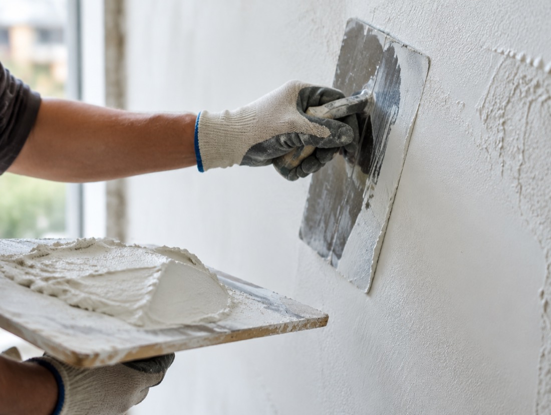 Handen die met een spaan wit stucwerk op een wand aanbrengen